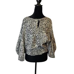 Michael Kors 100% Silk Blouse M | Black White Animal Print Balloon Sleeve Top